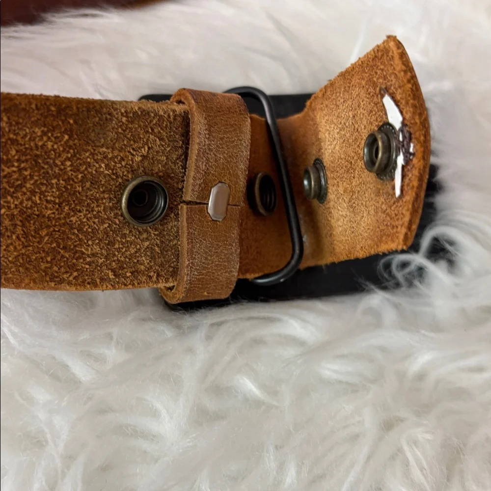 Vintage American Eagle Ride Free Brass Color Buckle & Brown Leather Belt